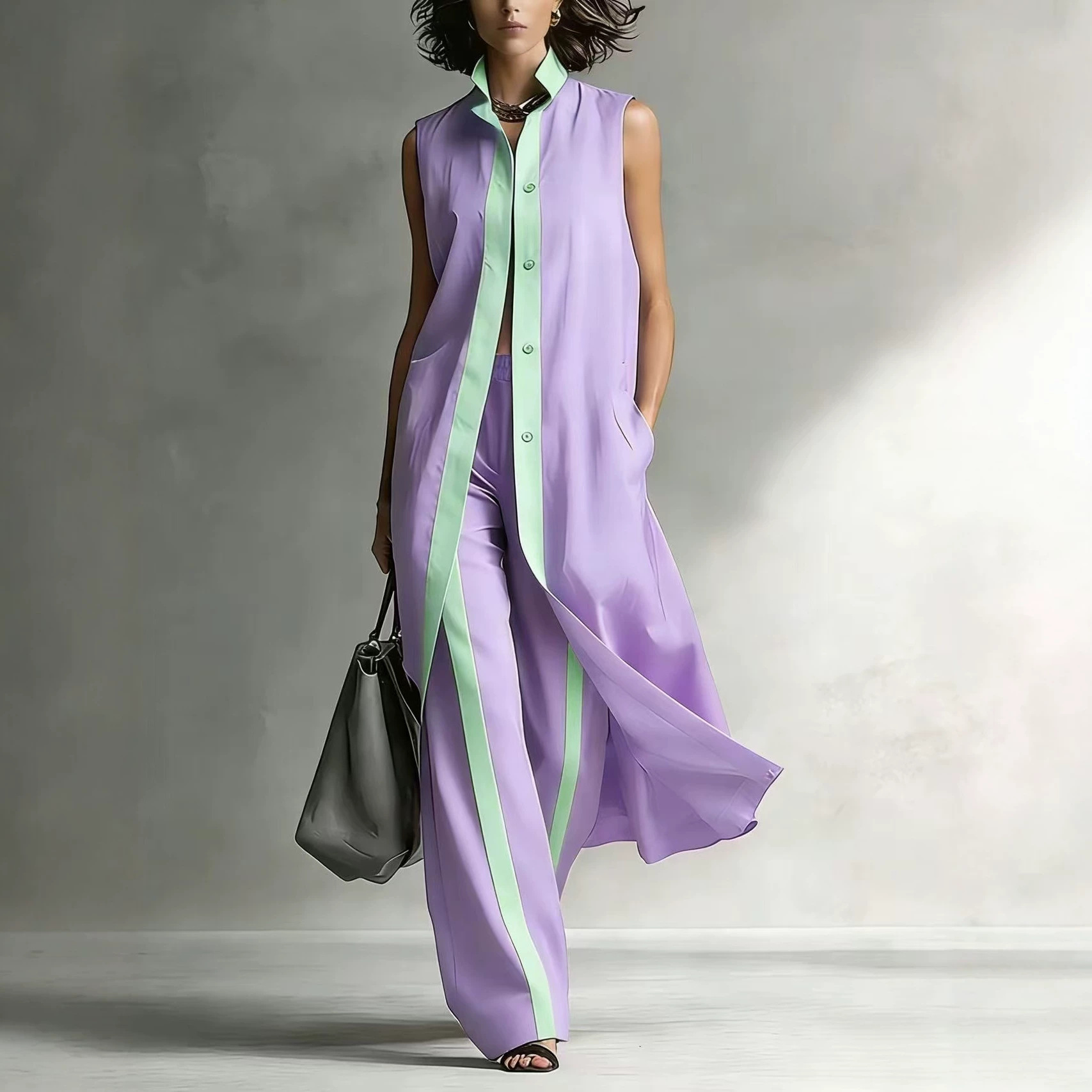 Colorblock Sleeveless Vest Cardigan & Pants Set