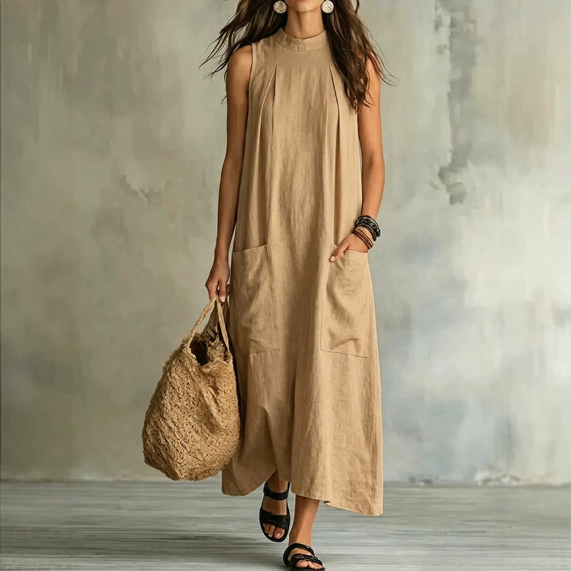 Elegant Linen-Blend Sleeveless Hollow-Out Maxi Dress