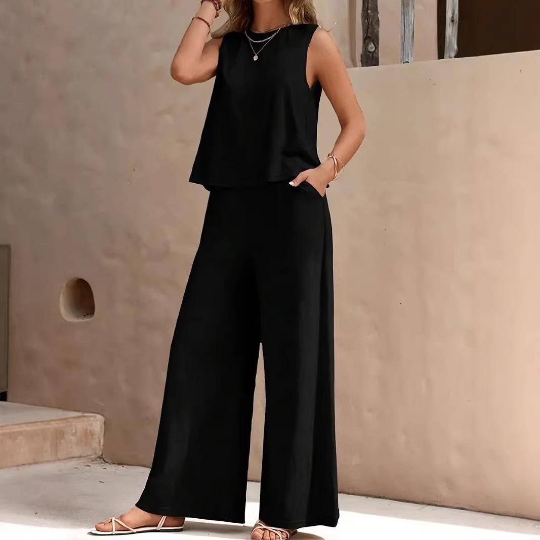 Two-Piece Sleeveless Crewneck Tank Top and Wide-Leg Pants Set Solid Color
