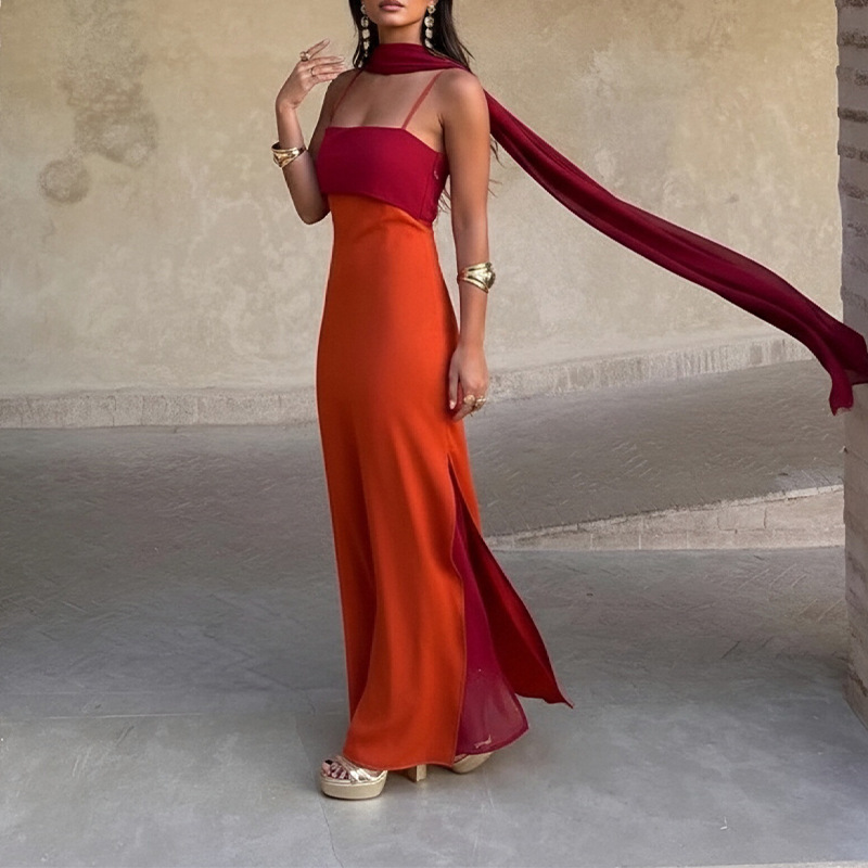 Elegant Ribbon Accent High-Slit Evening Dress with Spliced Design
