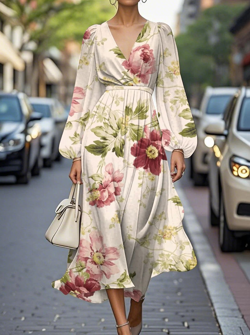 V-Neck Long Sleeve Digital Print Waist-Cinching Long Dress