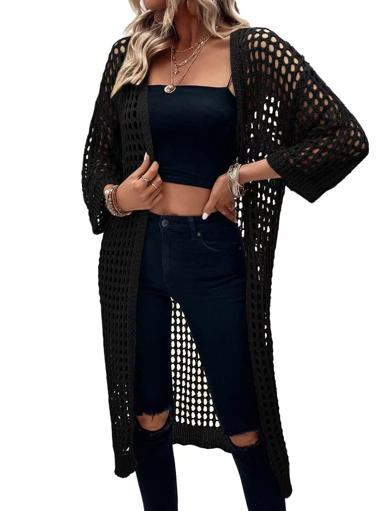 Women's Open-Front Knit Mesh Hollow-Out Beach Cardigan Dress