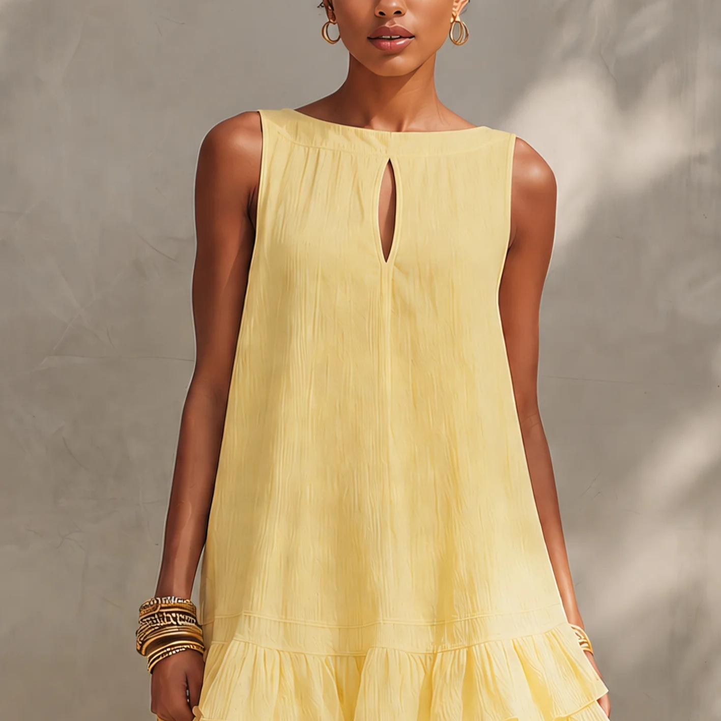 Light Yellow Textured Boat Neck Cutout Sleeveless A-Line Dress with Double Ruffle Hem