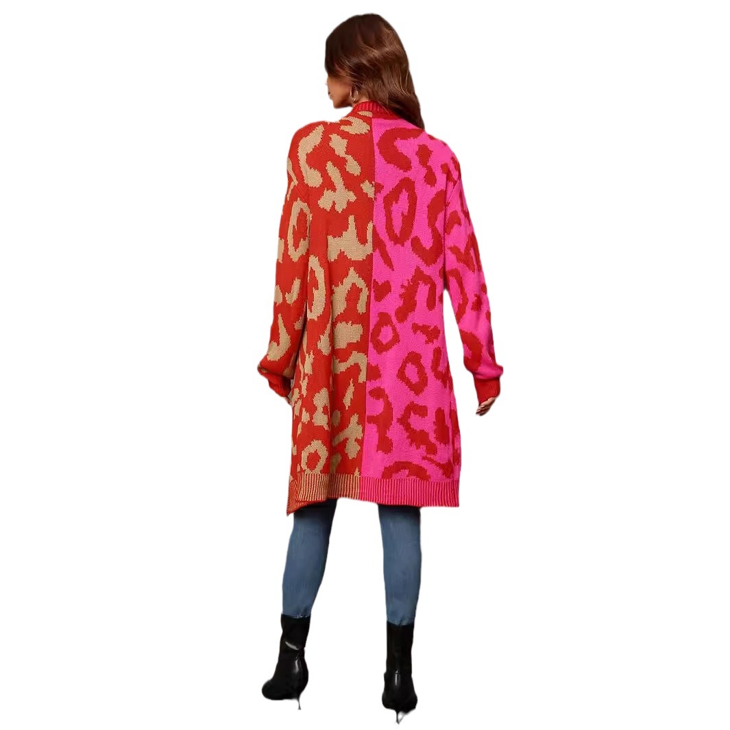 Leopard Print Color Block Knit Cardigan Mid-Length Women's Sweater