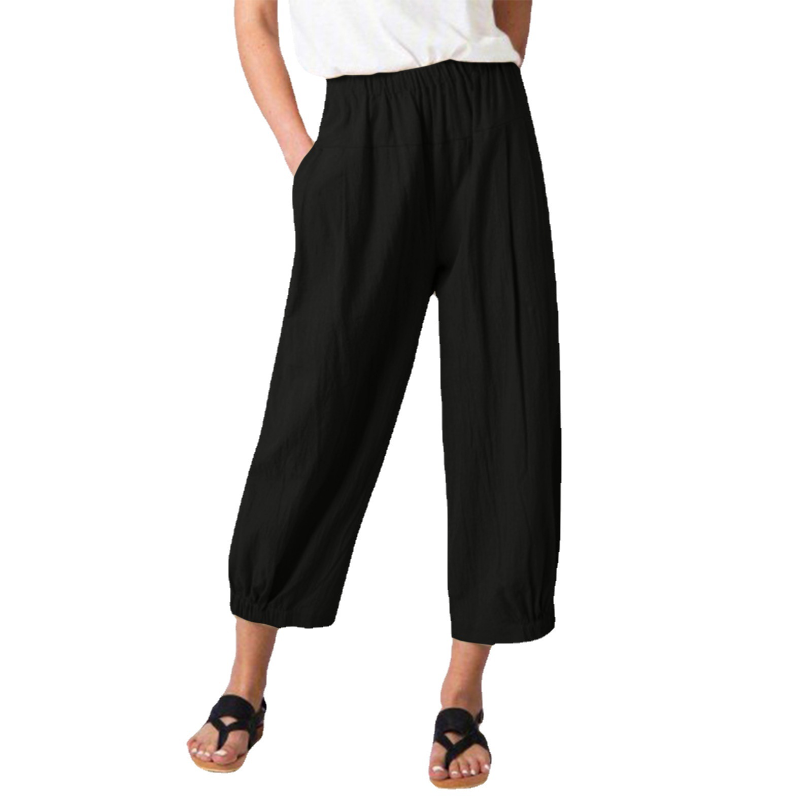 Women's High-Waist Cotton-Linen Harem Pants Cropped Wide-Leg