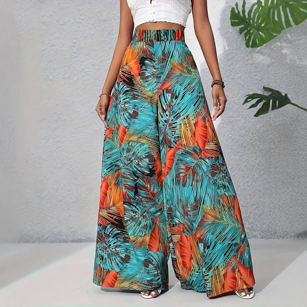 Women's High-Waist Wide-Leg Pants Tropical Print Casual Loose Fit