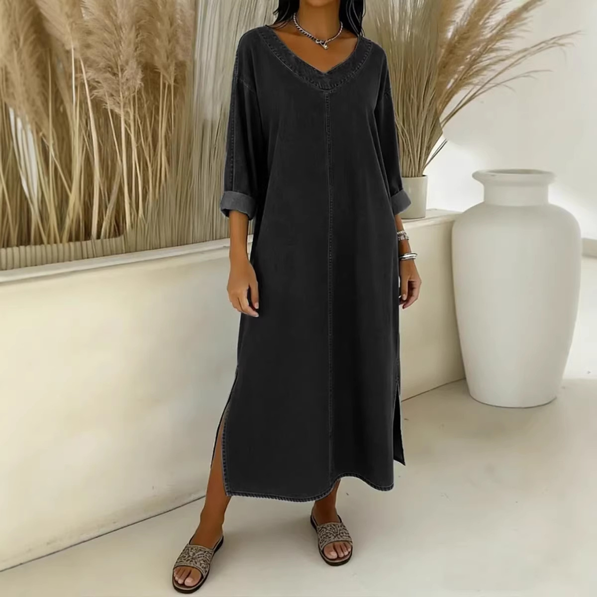 Solid V-Neck Midi Faux Denim Dress with Slit