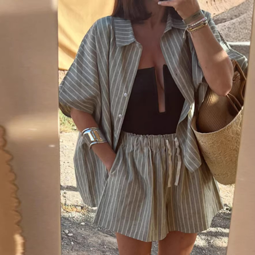 Striped Shirt and Shorts Set Casual Loungewear
