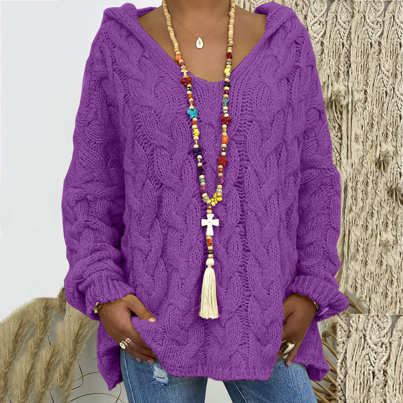 Women's Cable-Knit Hooded Sweater, Pure Color Pullover