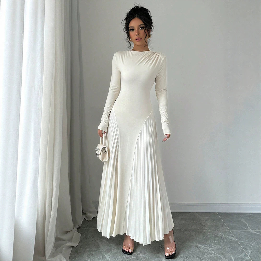 Long Sleeve Knit Pleated Maxi Dress Slimming Waist-Fitted Elegant