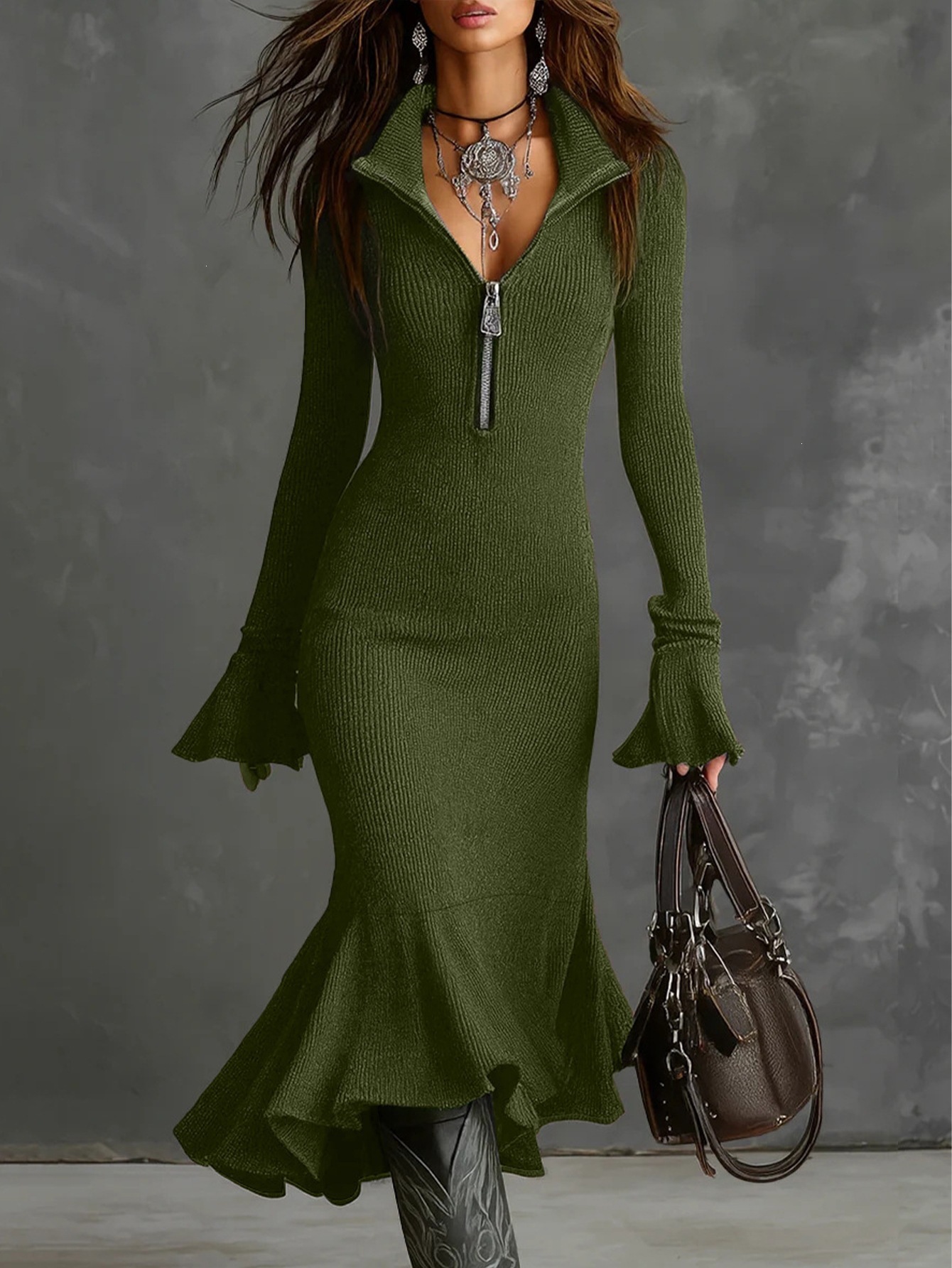 Women's Flare-Sleeve Mermaid Hem Slimming Long Dress