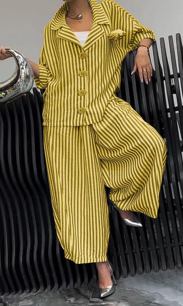 Floral Striped Loose Blazer & Pants Set