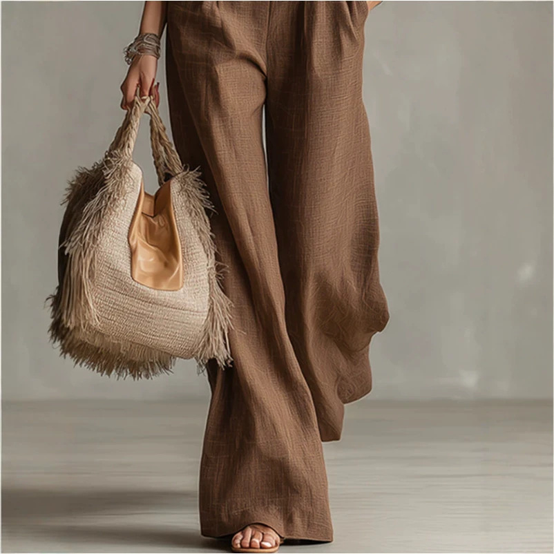 Classic Brown Piped Cotton-Linen Vest and Wide-Leg Pants Set