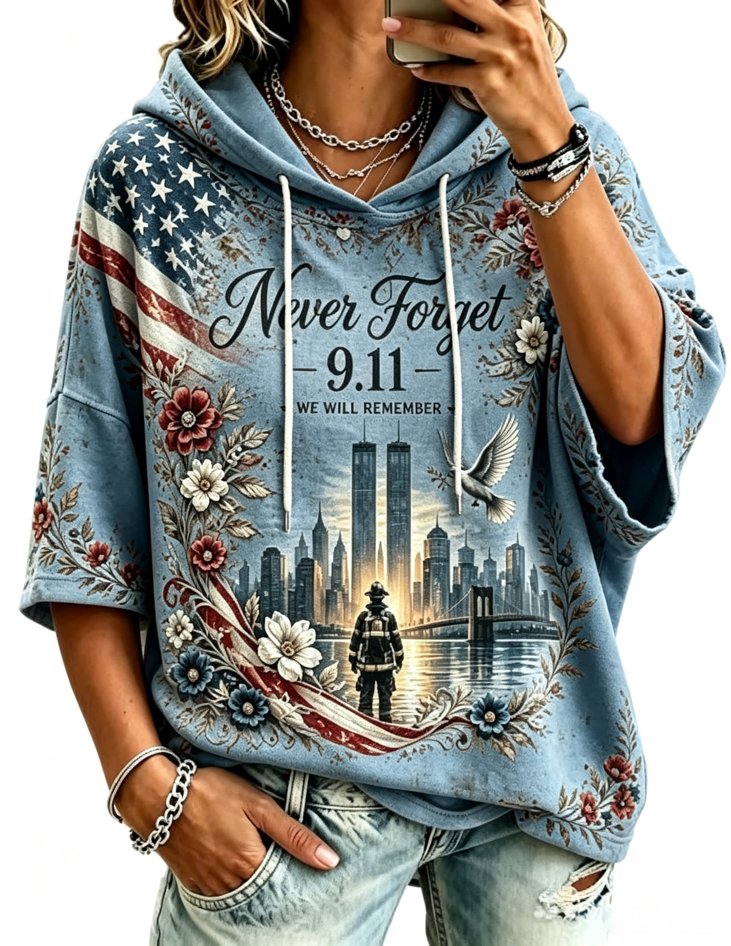 Women's Casual Hoodie with American Twin Towers Print