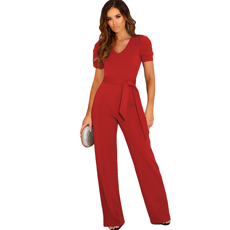 Women's Tie-Waist V-Neck Short-Sleeve Wide-Leg Jumpsuit