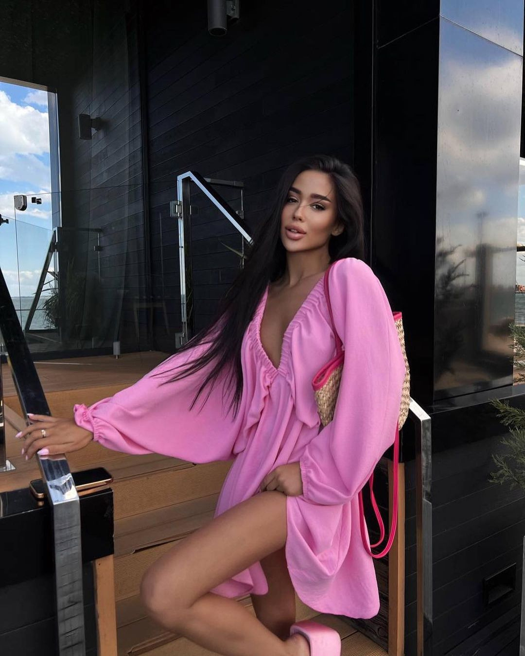 V-Neck Long Sleeve Bubble Sleeve Flared Dress