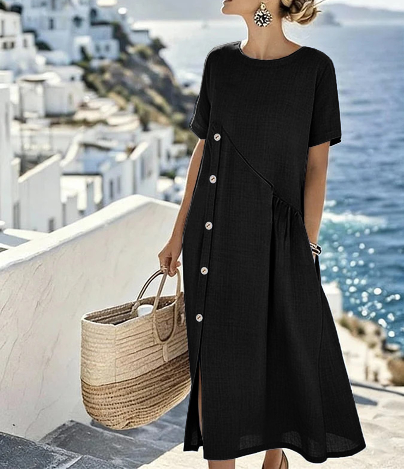 Casual Button-Trim Midi Dress with Pockets