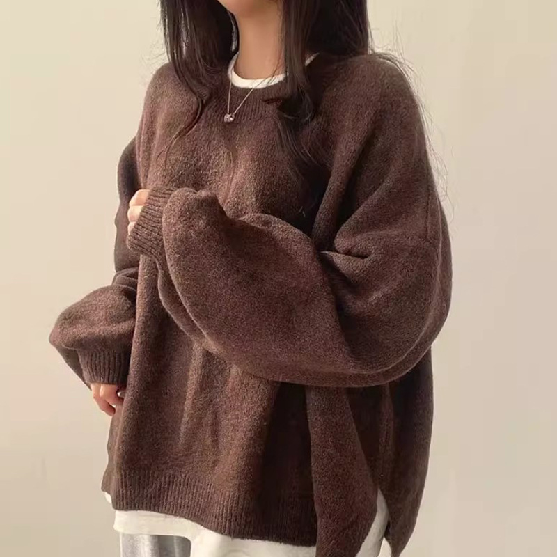 Korean Chic Lazy Style Round Neck Side Slit Loose Knit Sweater