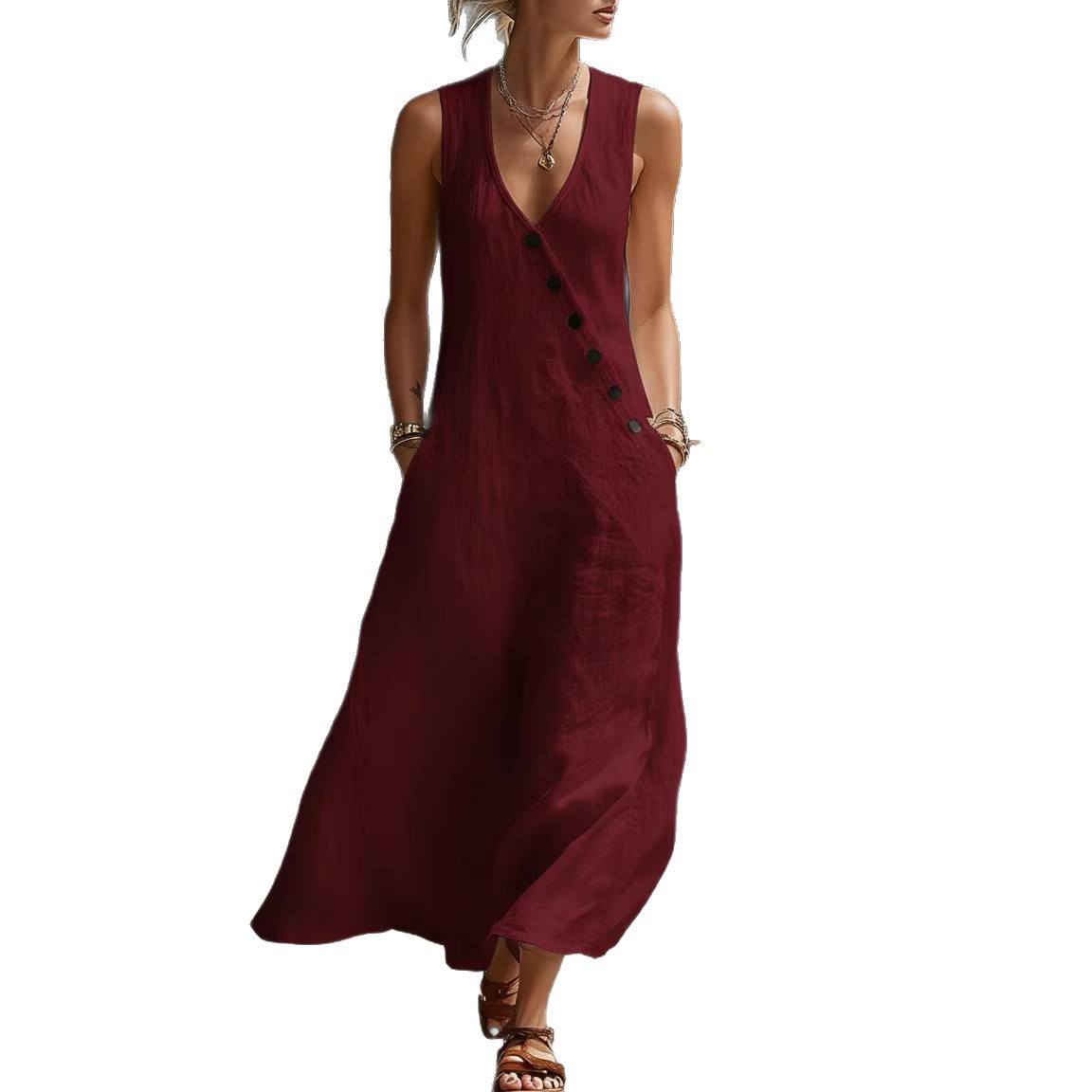 V-Neck Button-Front Cotton-Linen Sleeveless Maxi Dress