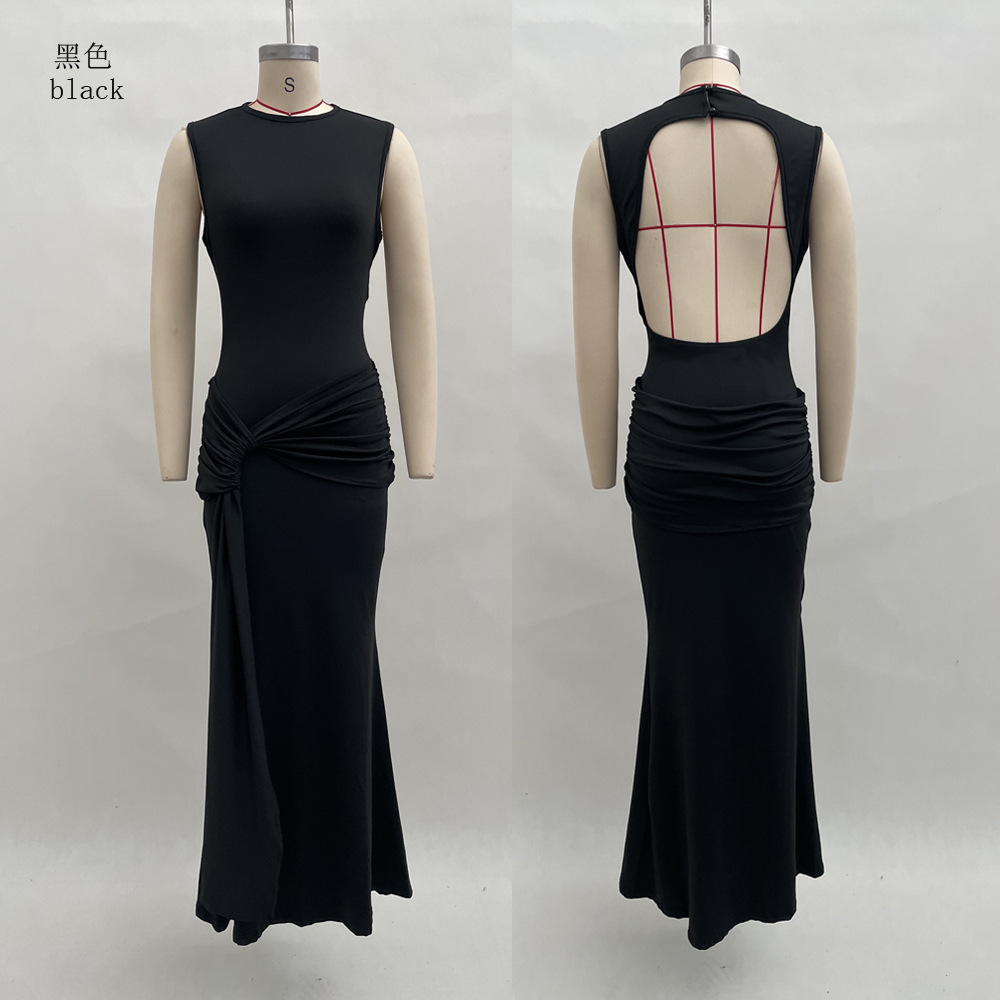 Women's Sleeveless Bodycon Maxi Dress with Open Back and Pleated Detail
