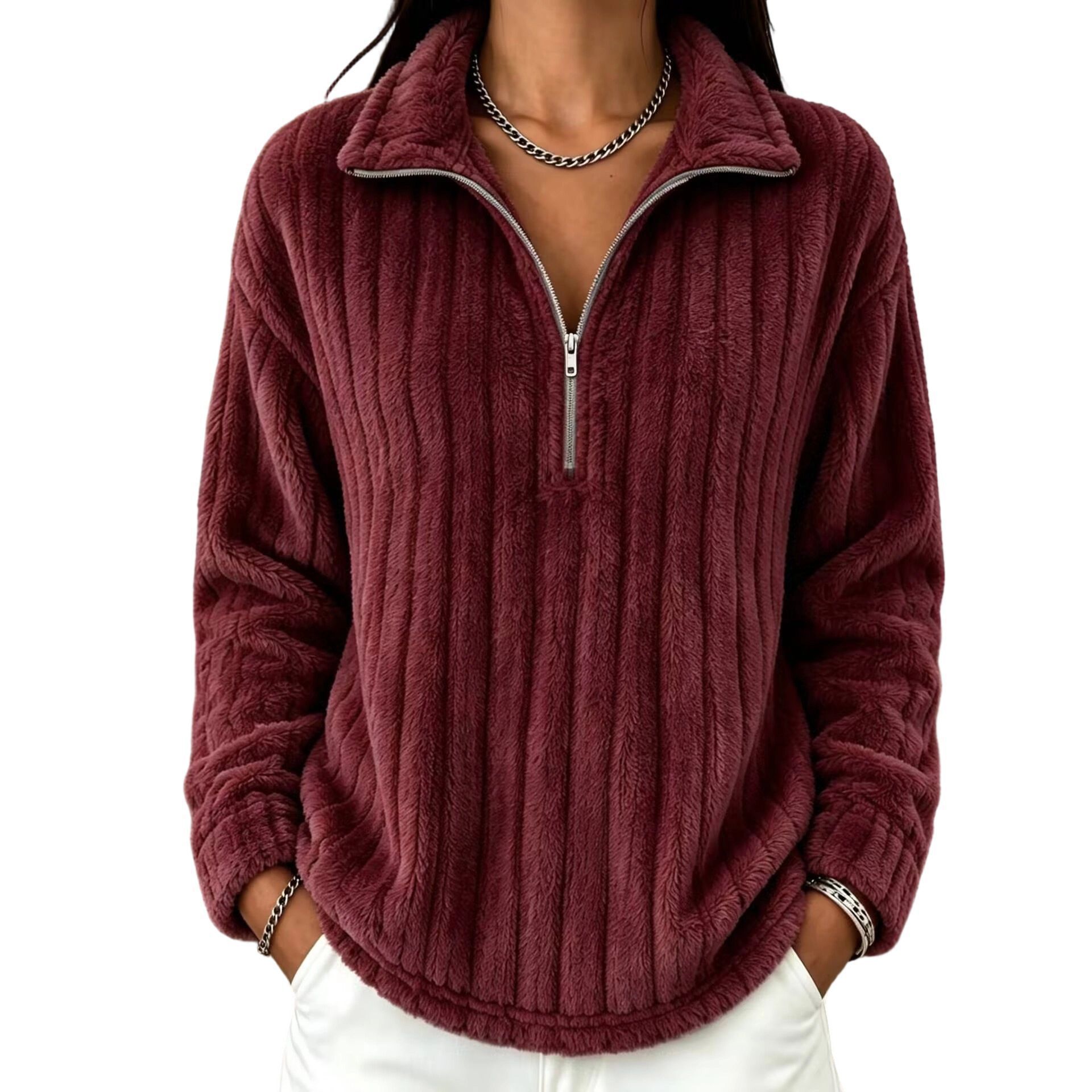 Ribbed Fleece Zip-Up Collared Long-Sleeve Sweatshirt