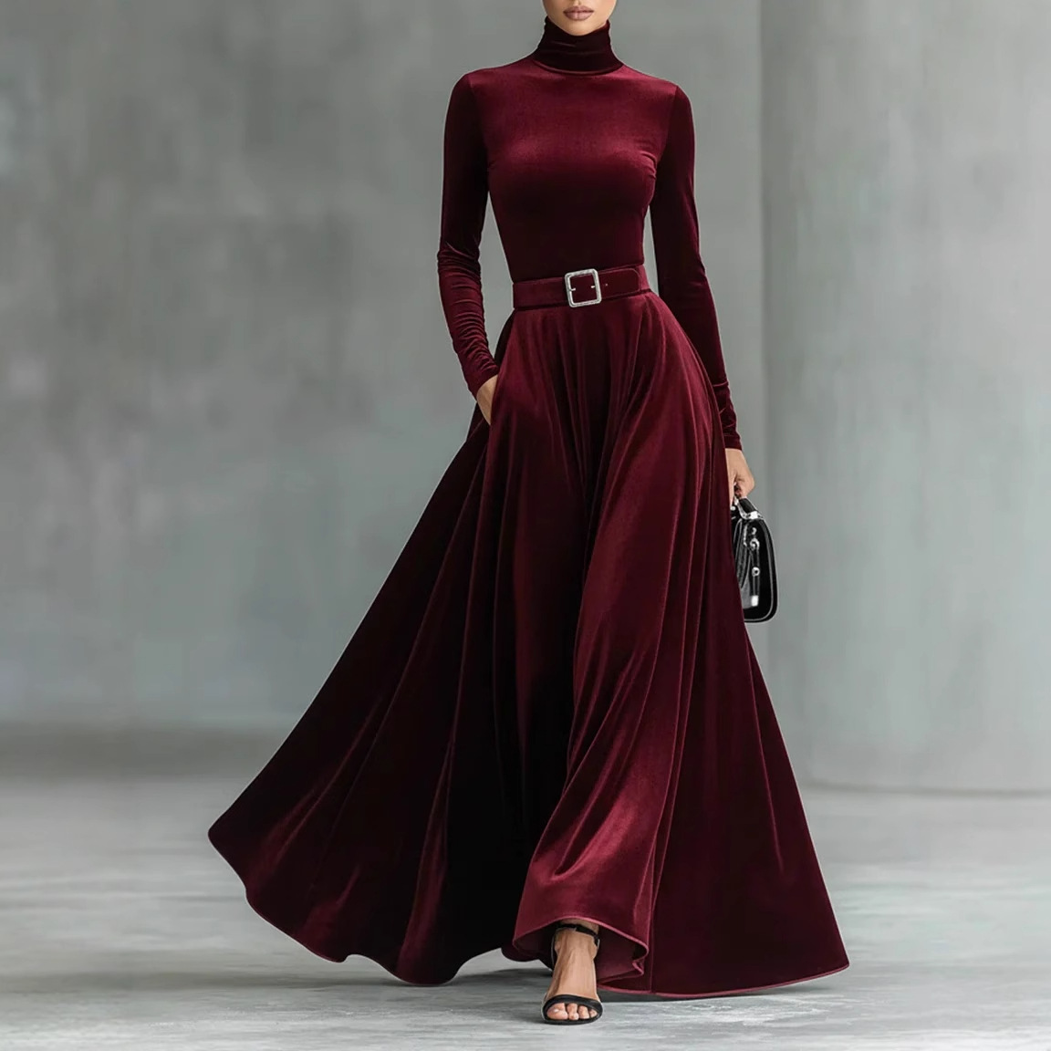 High Neck Velvet Bodycon Midi Dress Long Sleeve Party Cocktail