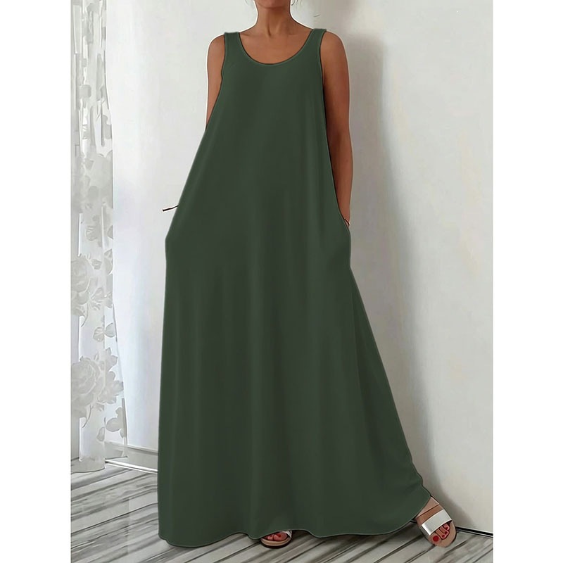 Women's Summer Sleeveless Solid Color Long Dress Casual Slim Fit