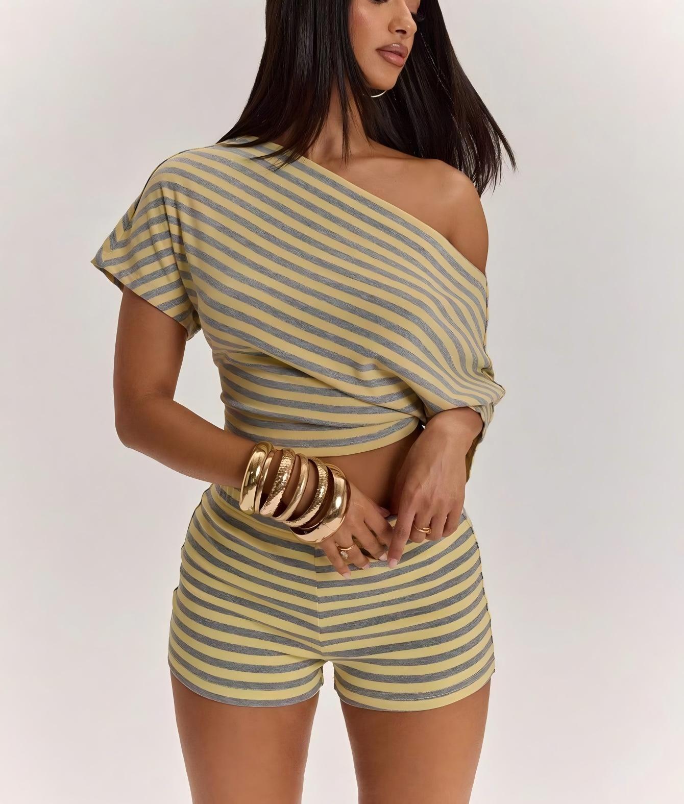 Striped One-Shoulder Short-Sleeve T-Shirt and High-Waist Shorts Set