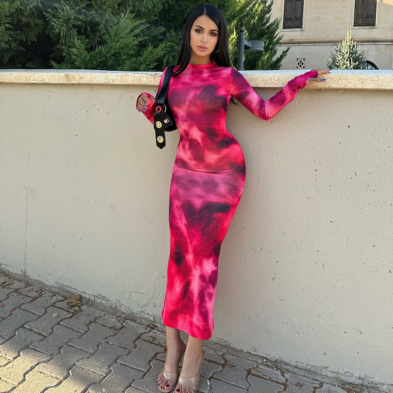 Tie-Dye Bodycon Long-Sleeve Midi Dress