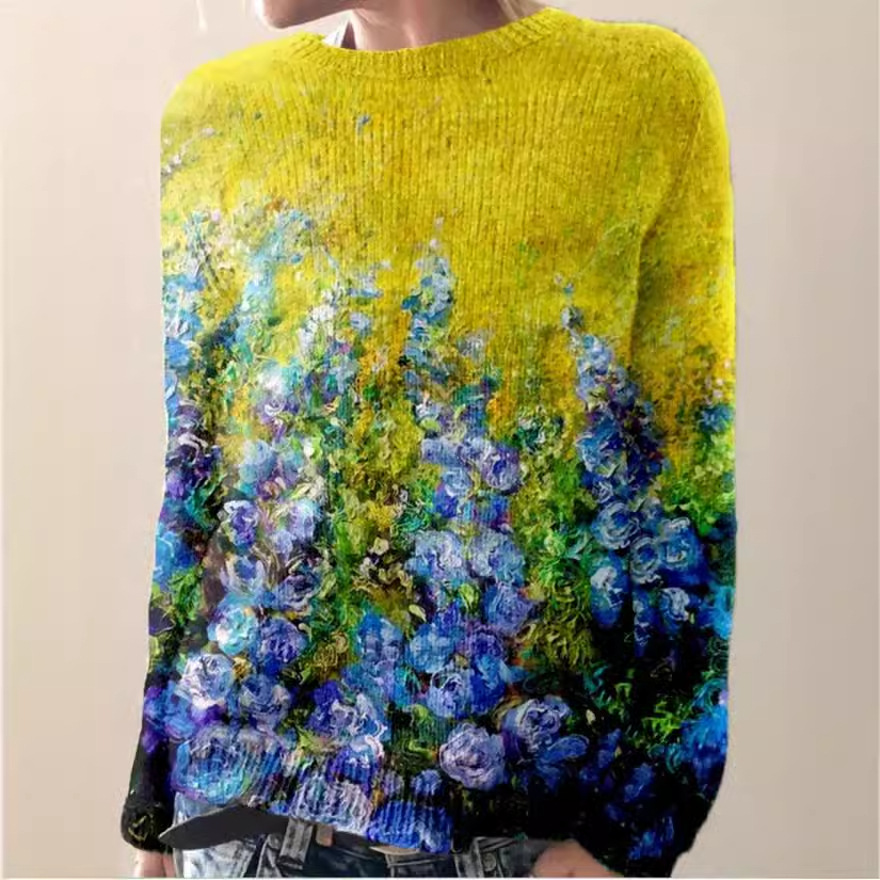 3D Print Women's Crewneck Pullover Sweater Casual Loose Long Sleeve Knit Top