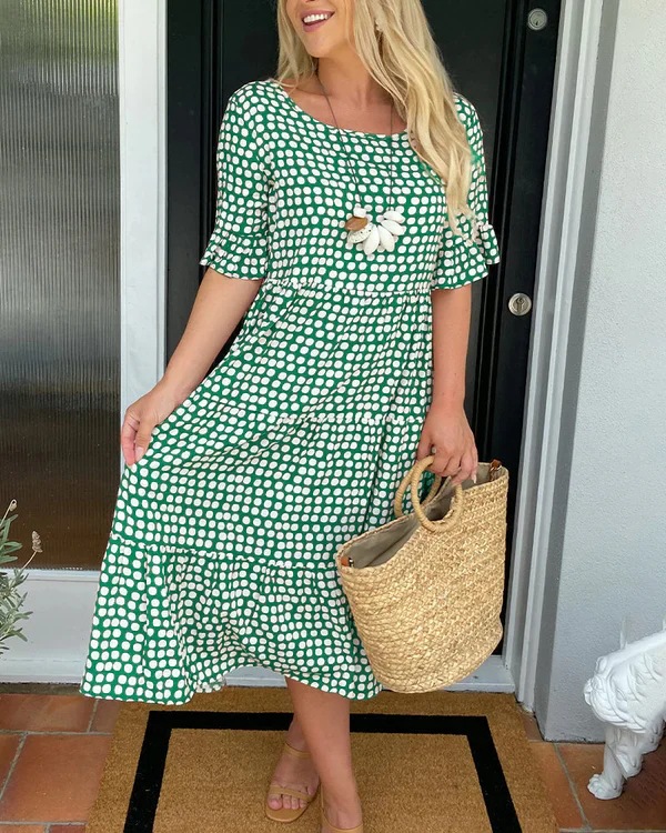 Women's Summer Round Neck Printed Short Sleeve A-Line Dress