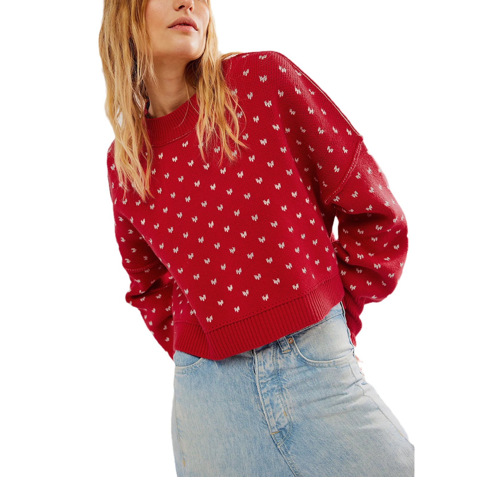 Butterfly Jacquard Crewneck Cropped Knit Sweater