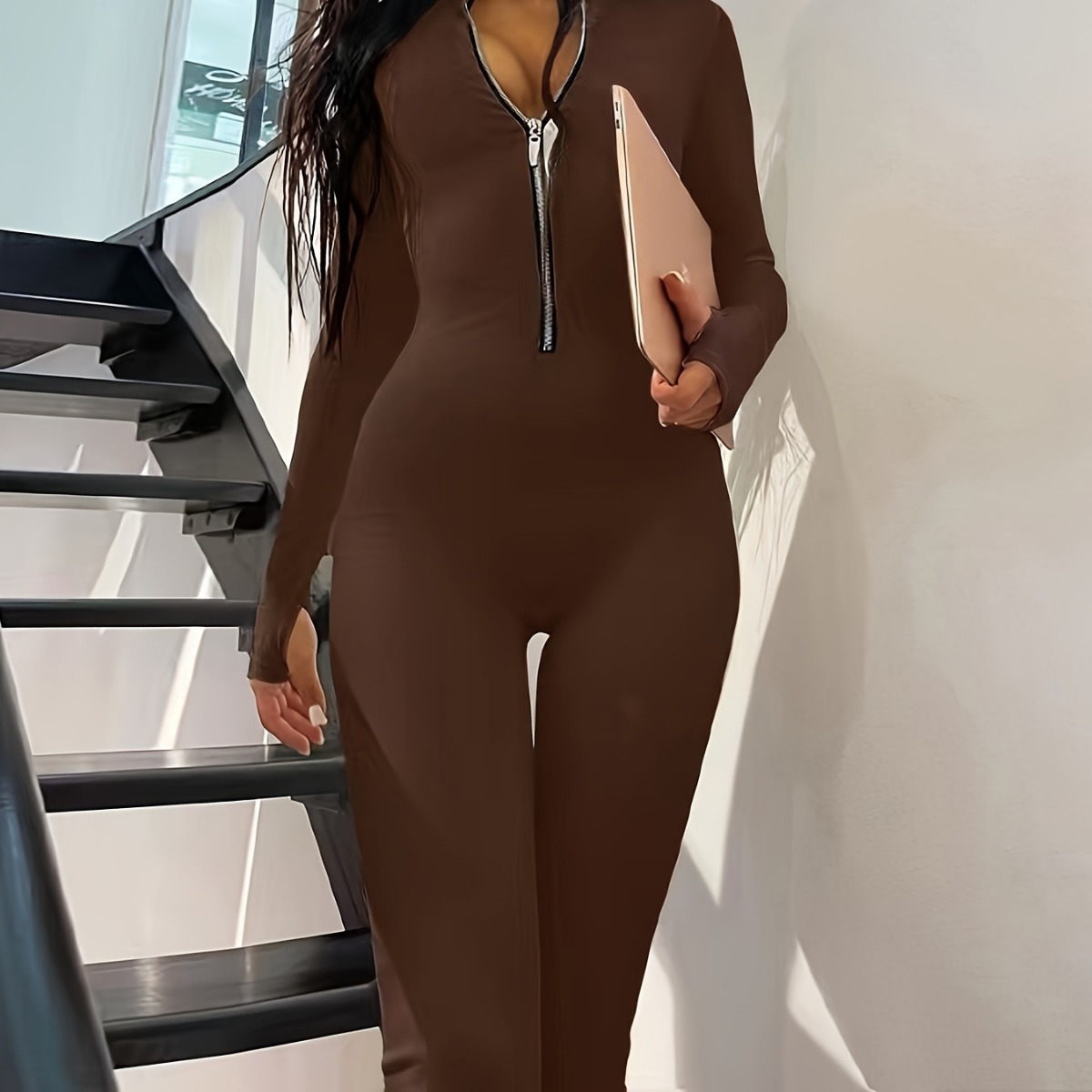 Women's Long Sleeve Metal Zip Jumpsuit