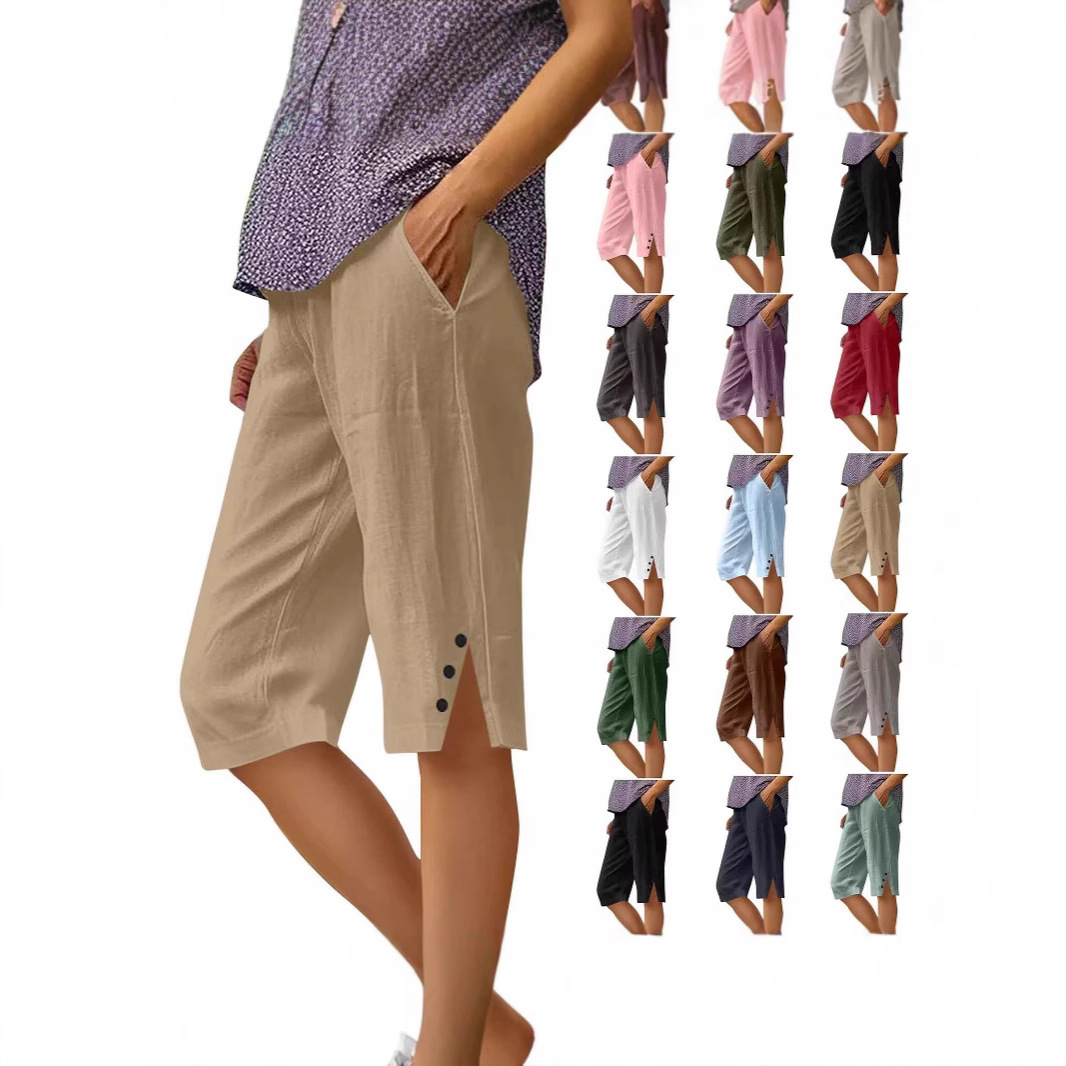 Women's Casual Loose Cotton-Linen Elastic Waist Pocket Shorts