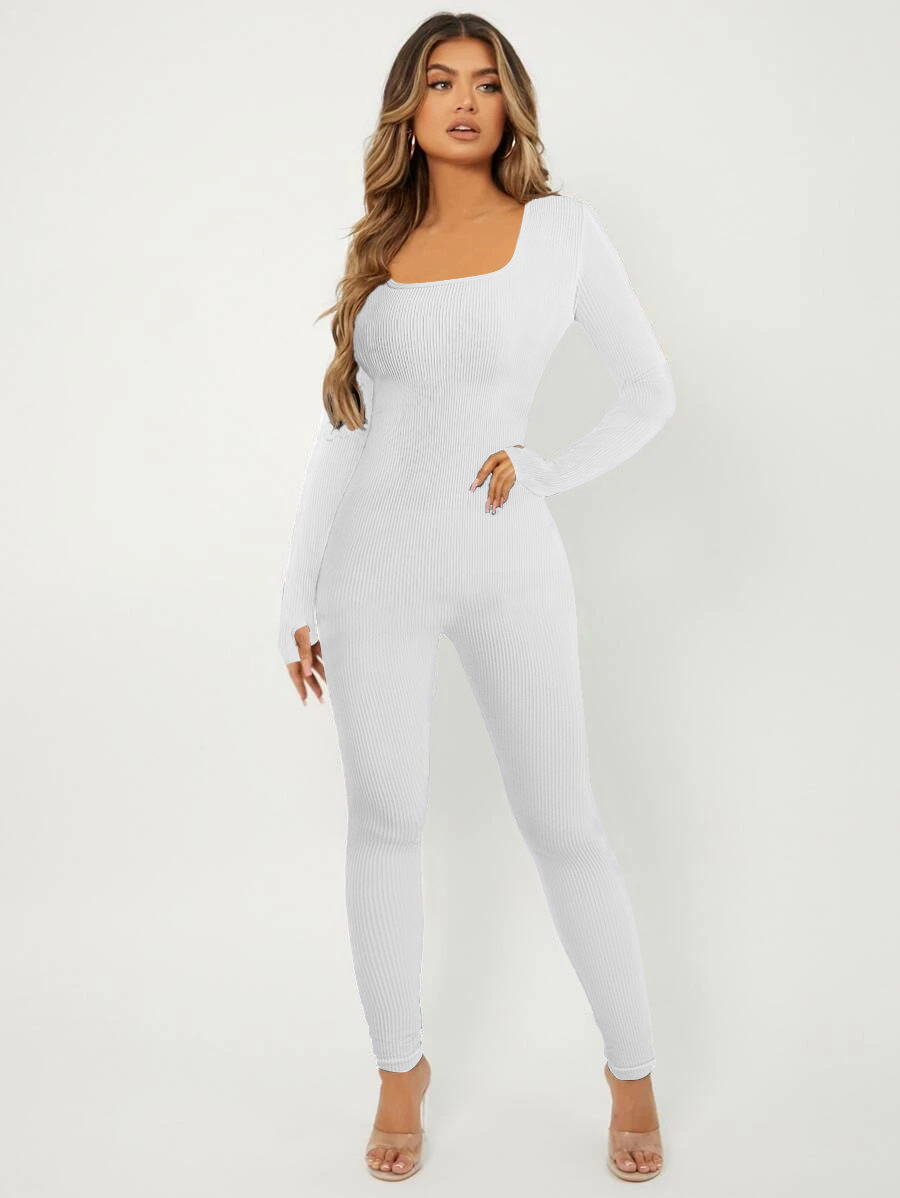 Women's Solid Color Long Sleeve Square Neck Bodysuit Jumpsuit with Butt Lifting