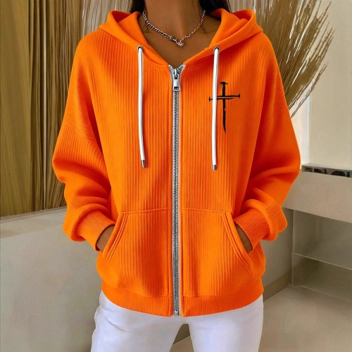 Women's Cross Print Ribbed Hoodie Long Sleeve Crew Neck Zip Up