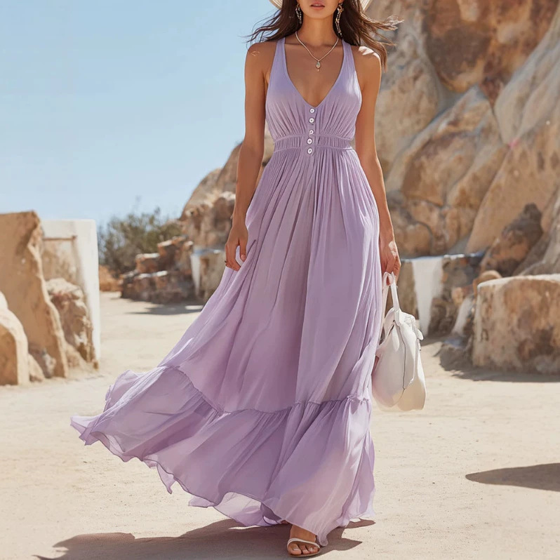 Light Purple Chiffon Sleeveless Pleated Maxi Dress