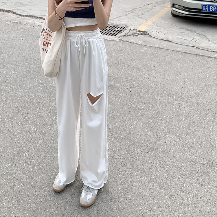 Distressed Gray Wide-Leg Sweatpants for Women High Waist Straight-Leg