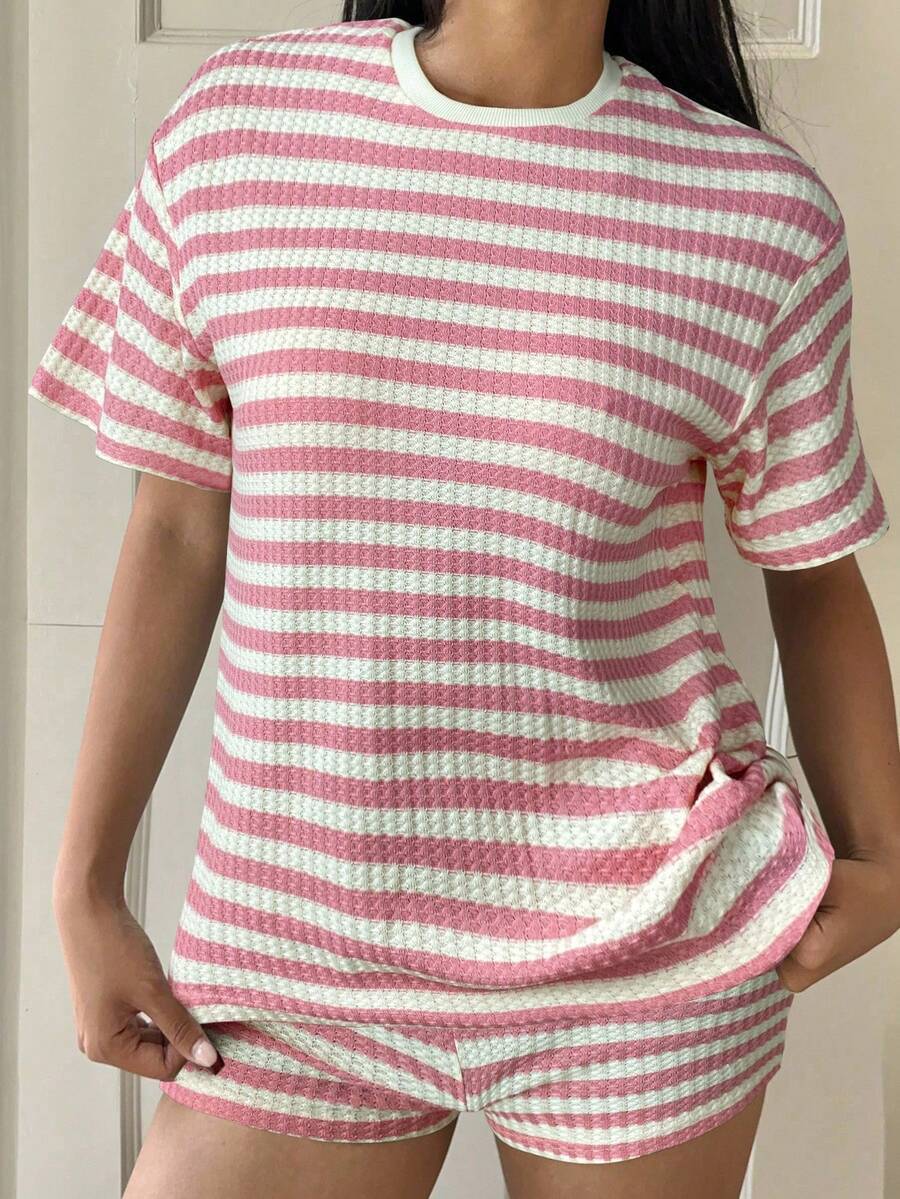 Striped Short Sleeve T-Shirt Set Women Casual Loose Crew Neck