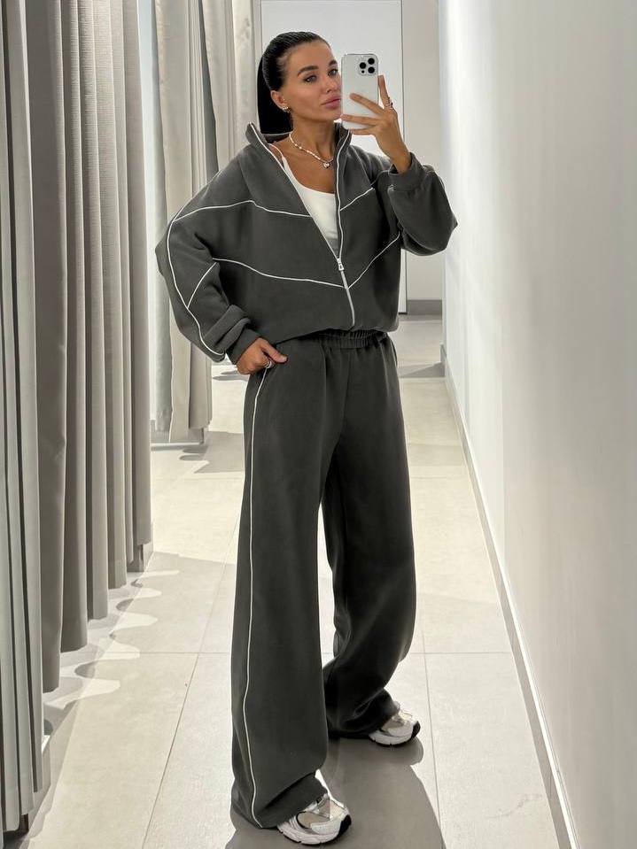 Women's Casual Two-Piece Set Long Sleeve Half-Turtleneck Cardigan Sweatshirt and Striped Pants