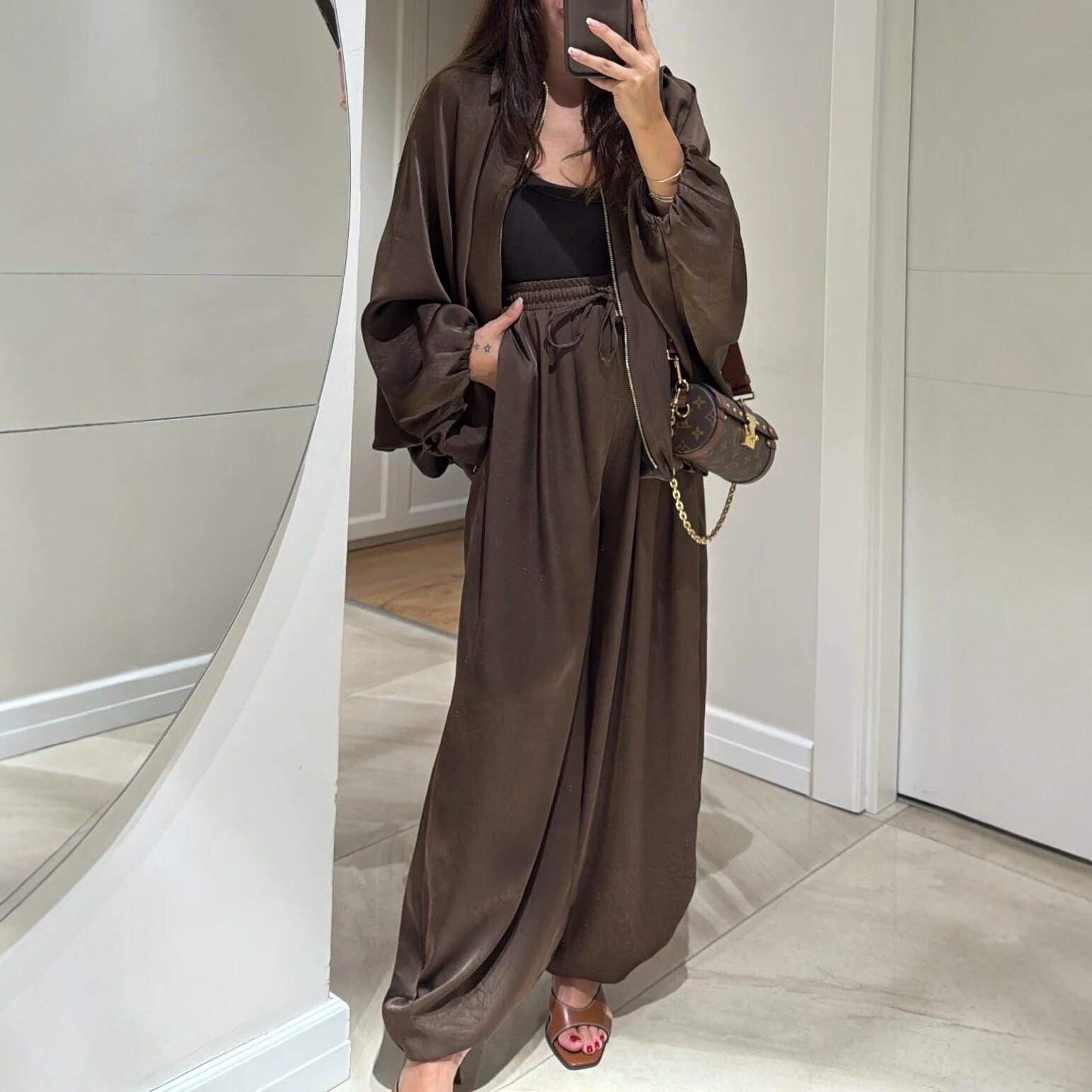 Black Shirt & Olive Green Tie-Waist Maxi Skirt Two-Piece Set
