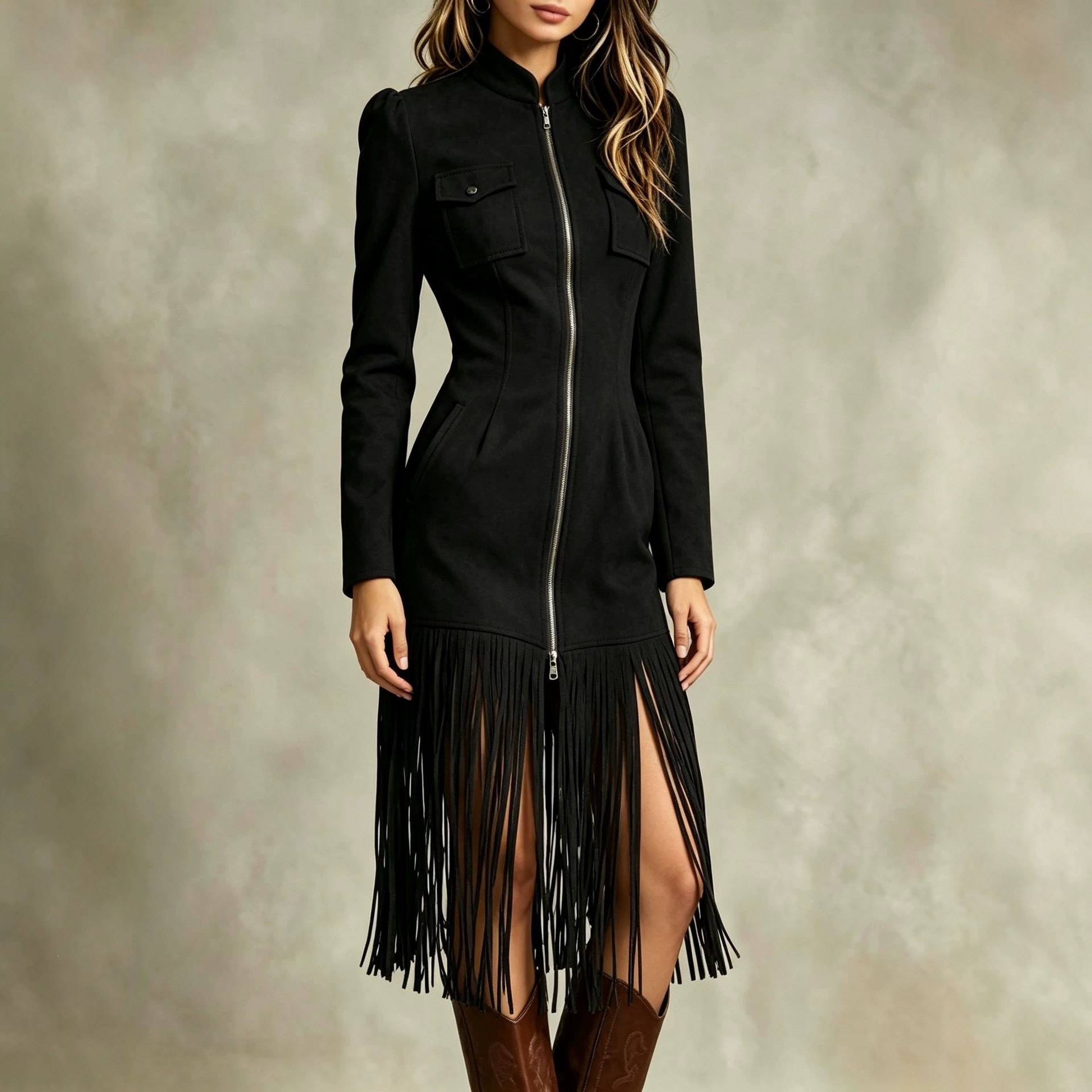 Retro Faux Suede Fringe Dress with Pockets and Zip Hem