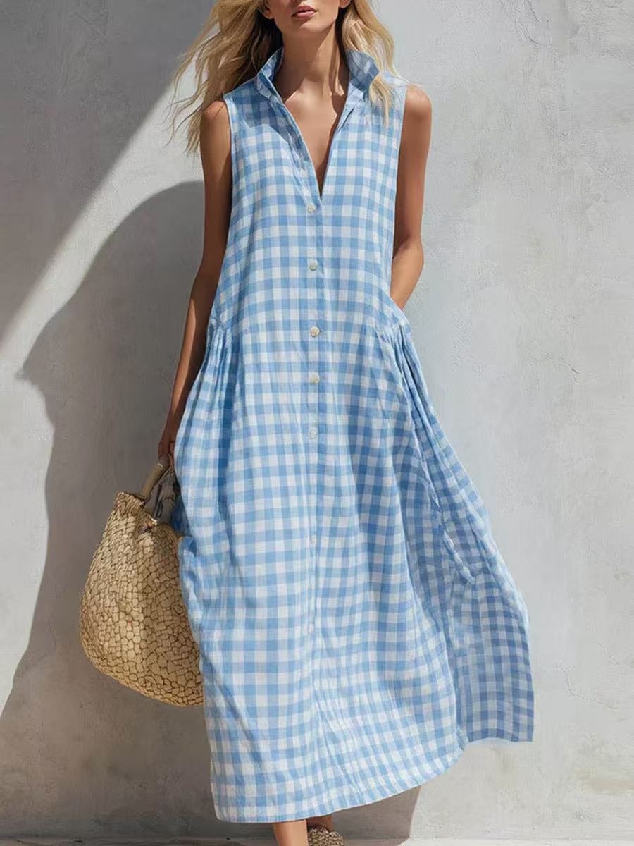 Women's Summer Sleeveless Plaid A-Line Midi Dress Loose Fit