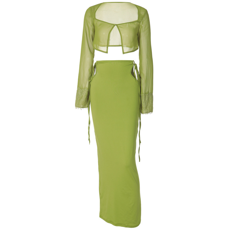 Women's Long Sleeve Openwork Lace-Up Top and Long Skirt Set
