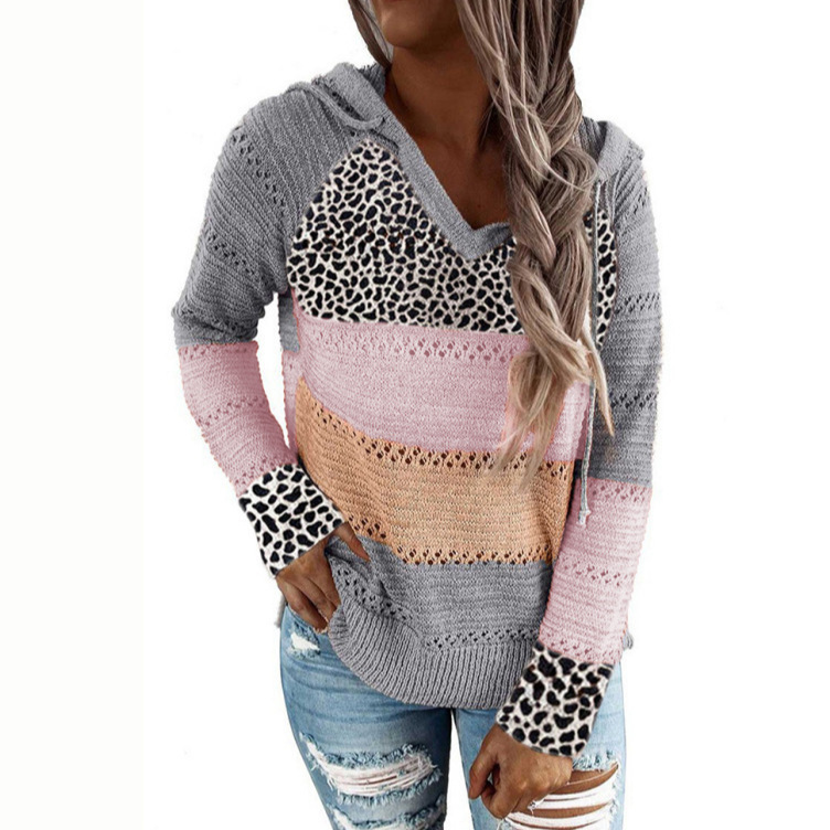 Striped Hooded Sweater with Leopard Print Cotton Blend Pullover