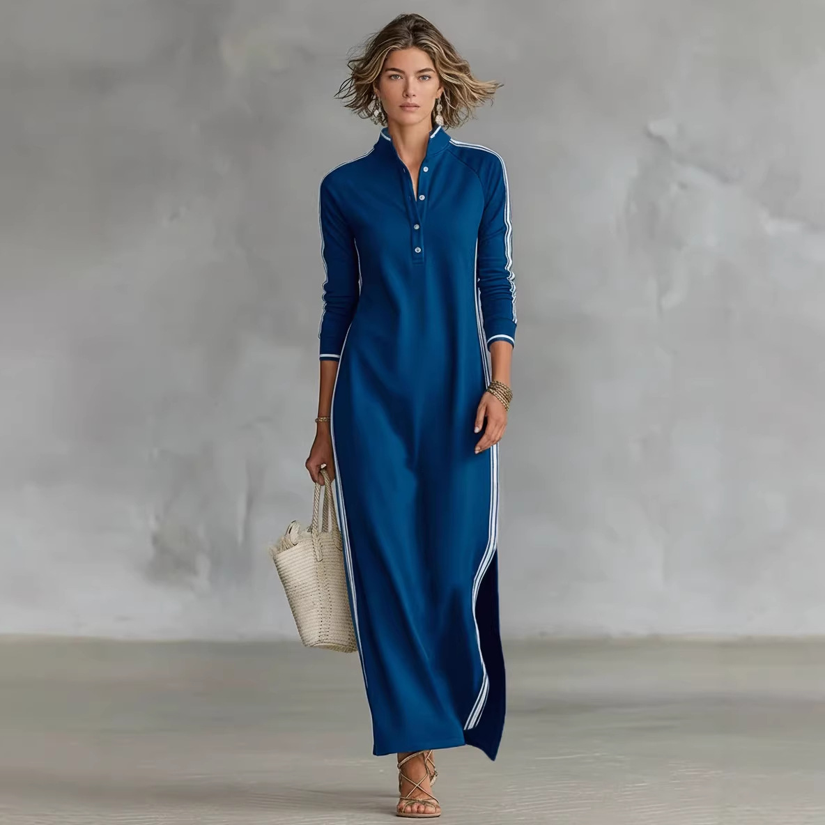 Women's Minimalist White Piped Button-Neck Sweatshirt Dress Long