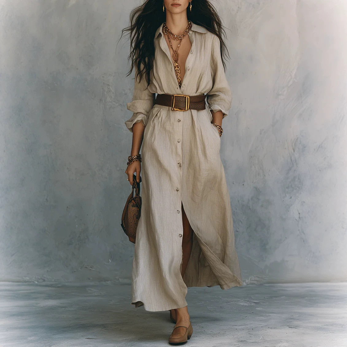 Collared Button-Front Slit Shirt Dress with Wide Belt