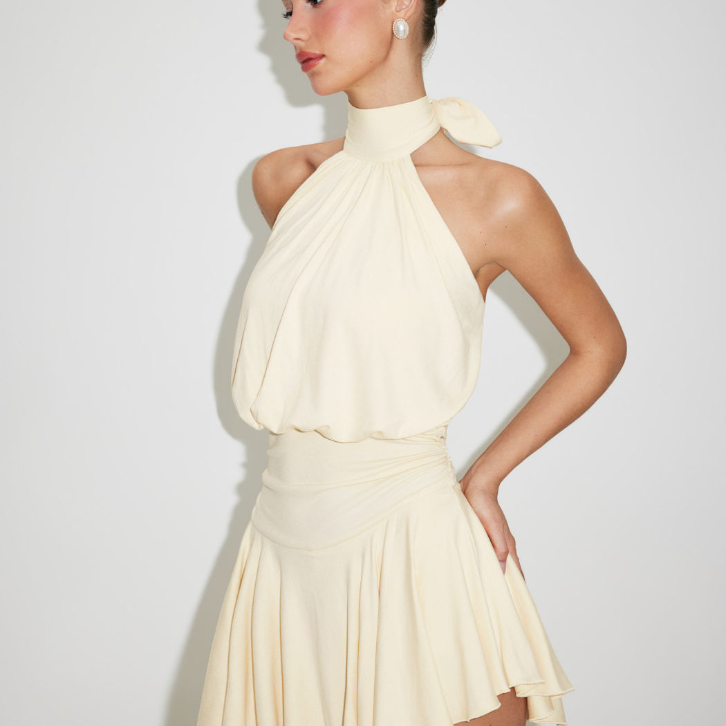 Solid Halter V-Neck Open-Back Fitted Top Puff Skirt Mini Dress