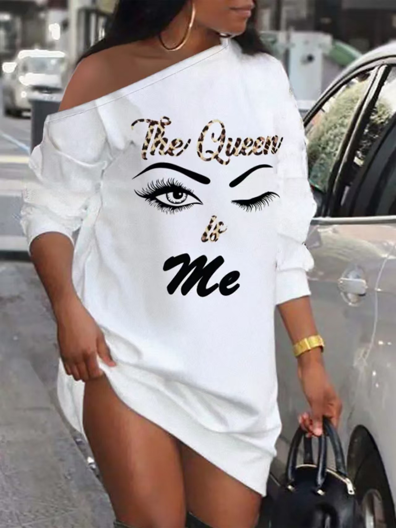 Women's Off-Shoulder Long-Sleeve Sweatshirt Dress with Letter Print