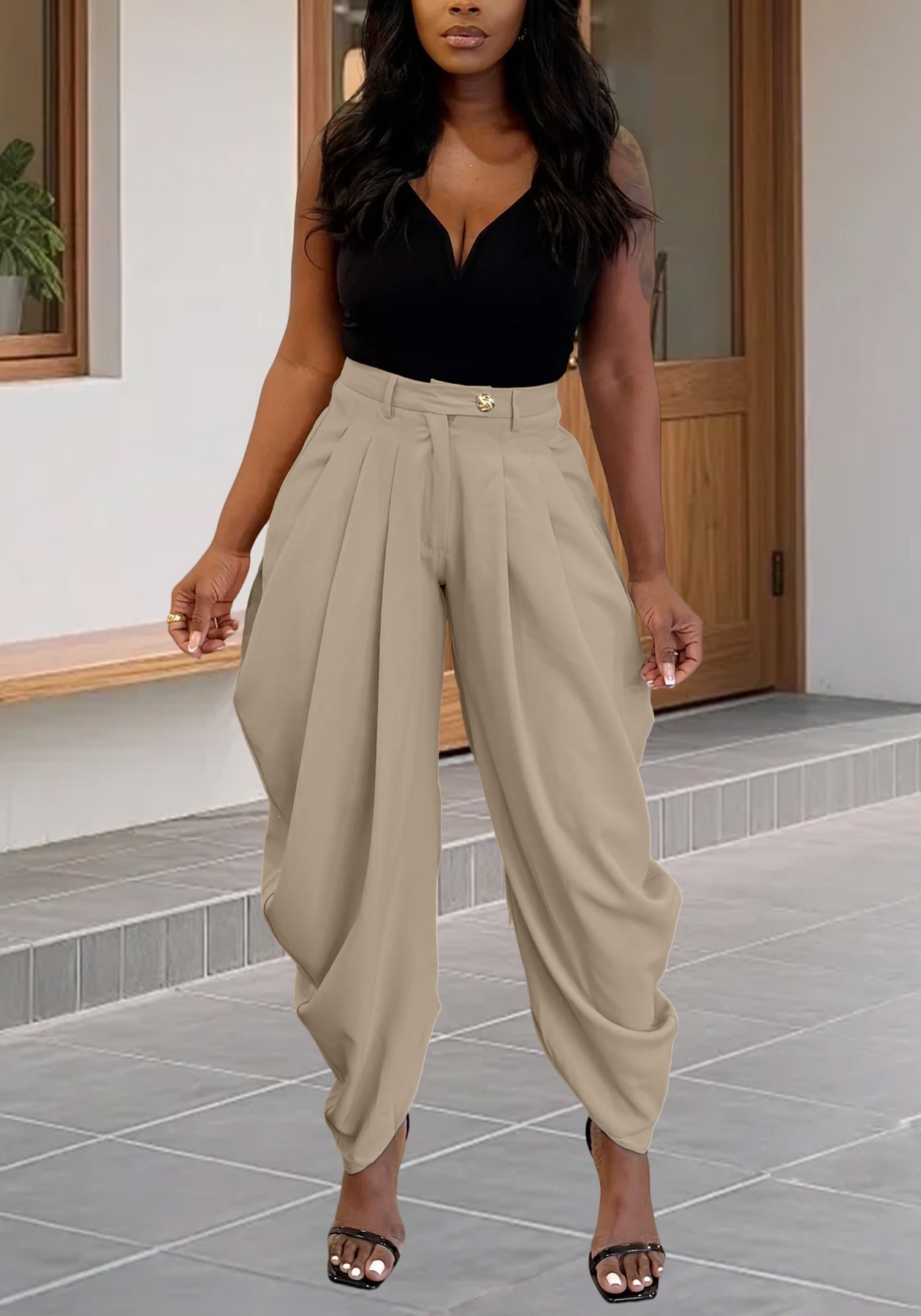 High-Waist Asymmetric Twist Pleated Harem Pants